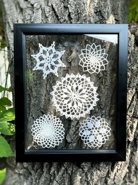 hand crochet framed wall hangings