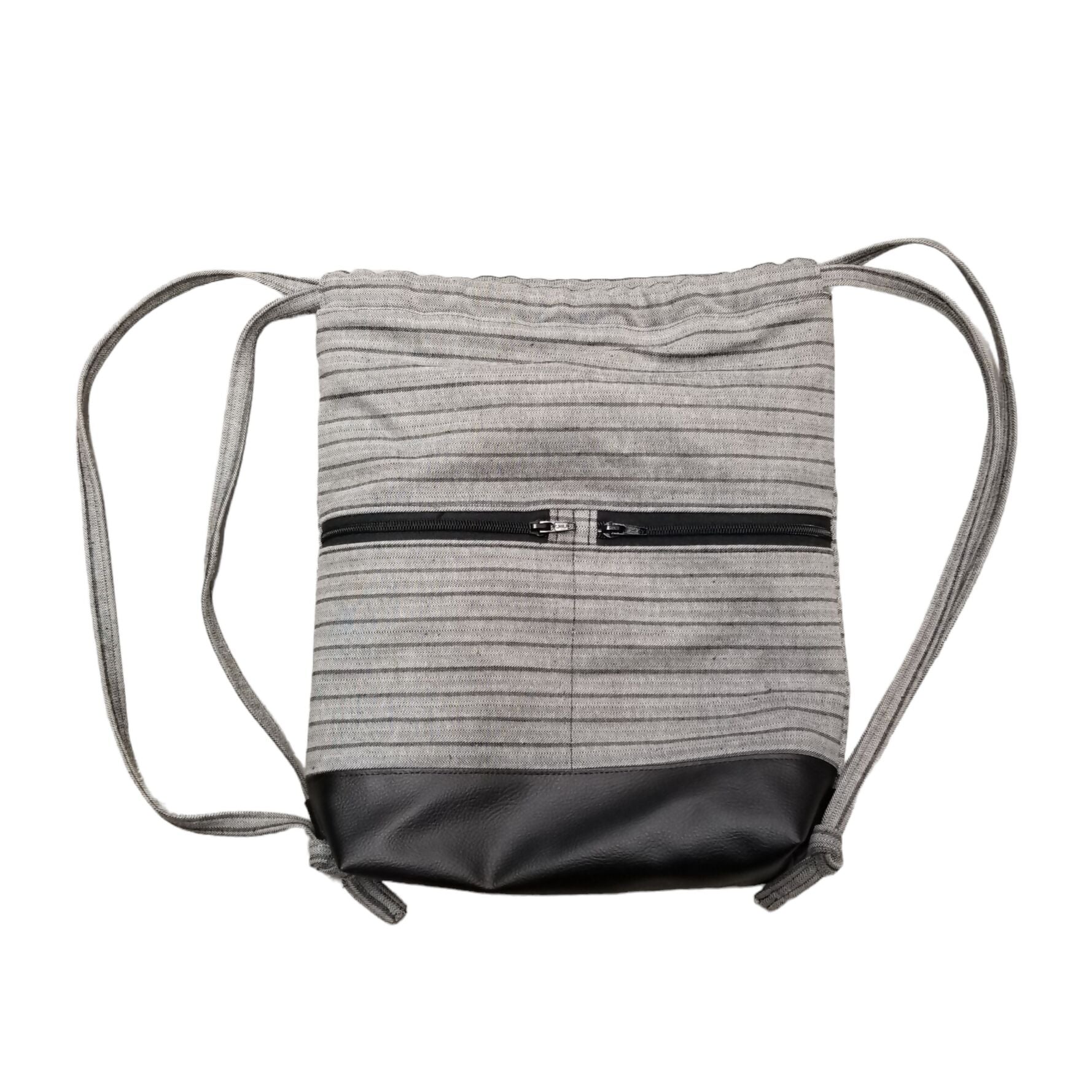 Grey Stripe & Faux Leather Backpack