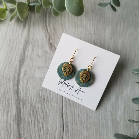 Gold leaf on Green circle earrings