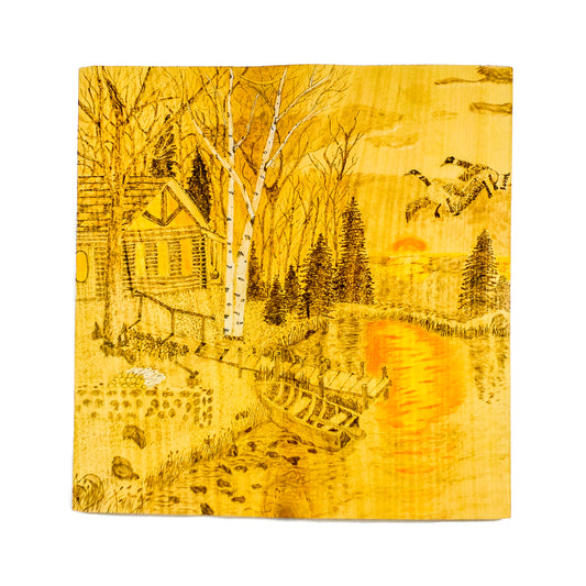 Pine Board "Sunset At The Cabin"