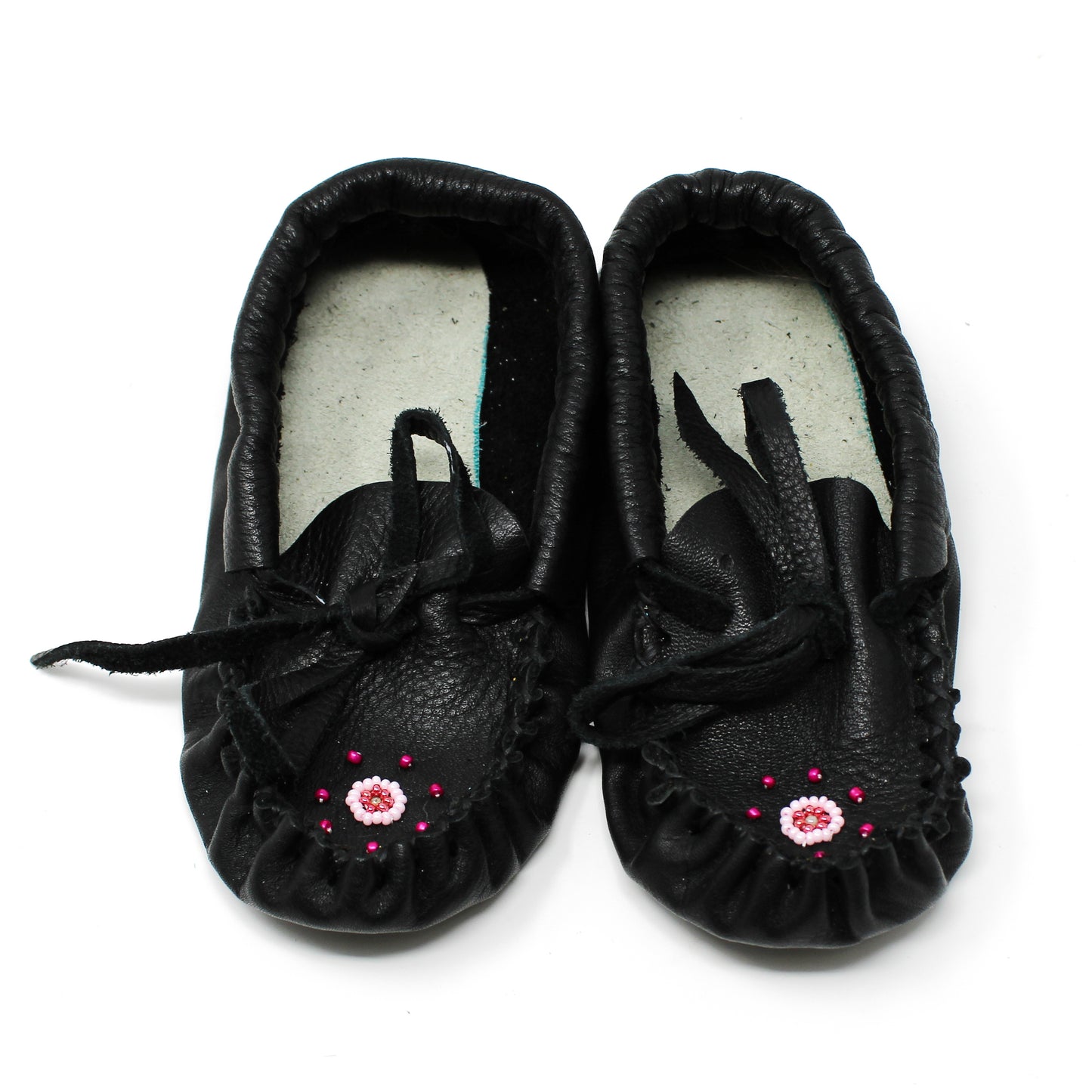 Black leather beadwork slippers