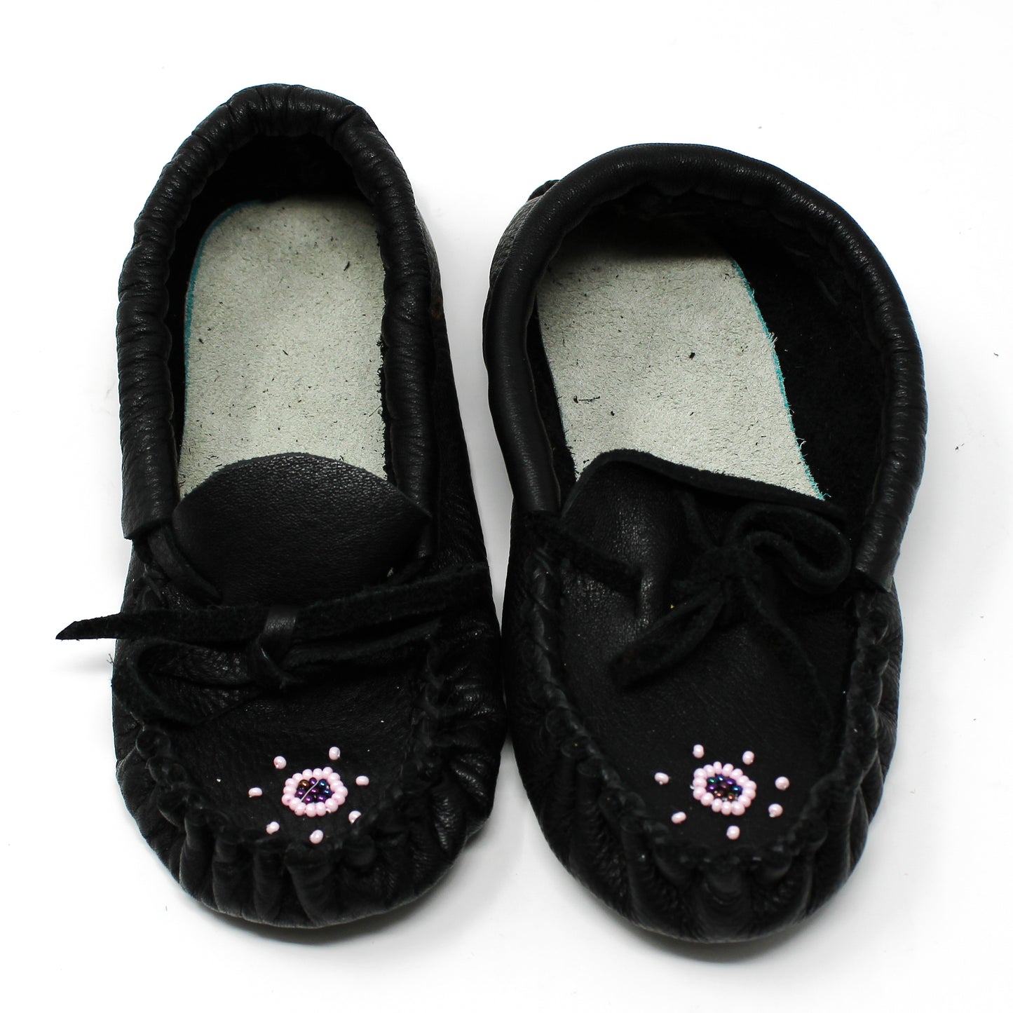 Black leather beadwork slippers