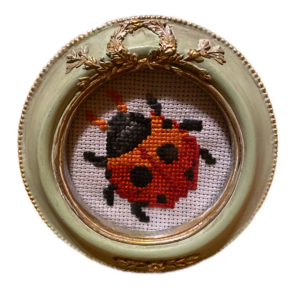 Framed Cross-Stitch Embroidery (Ladybug)